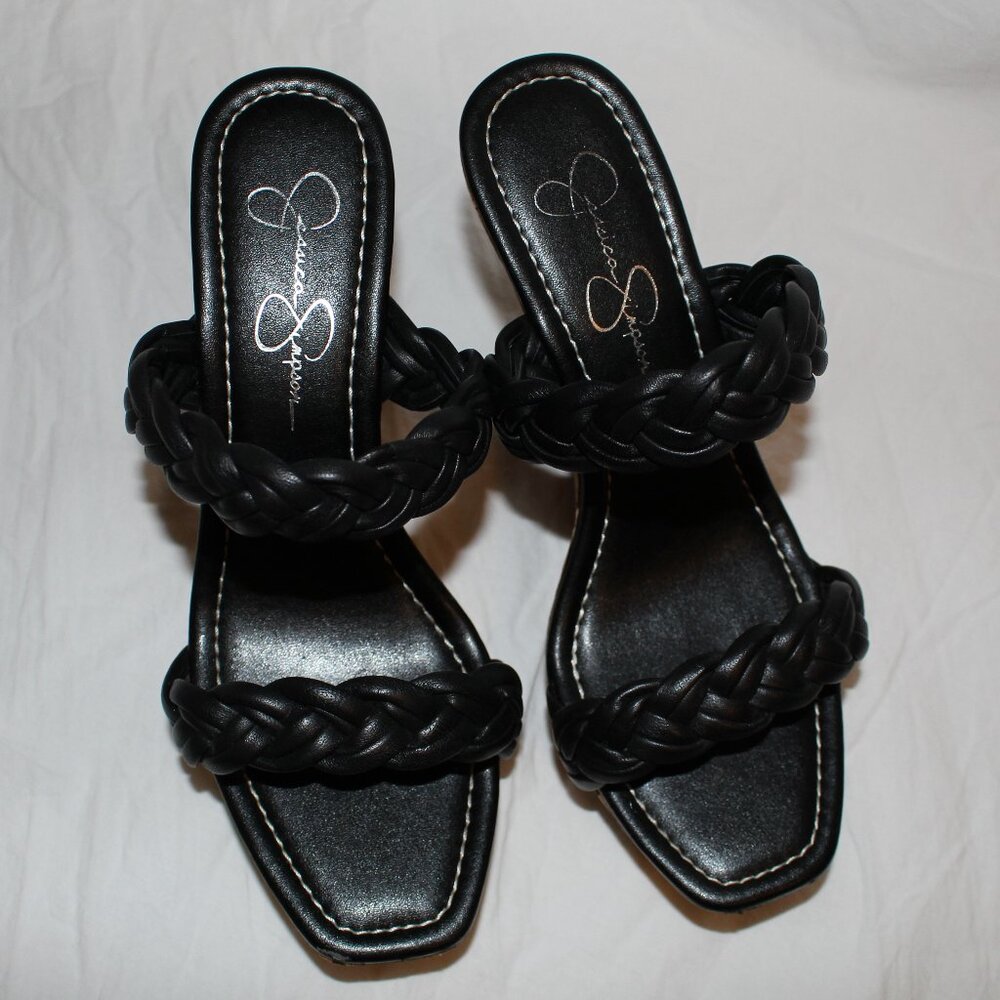 Jessica Simpson Black Leather Braided 2-Strap Cork Platform Wedge Sandals - Picture 4 of 16